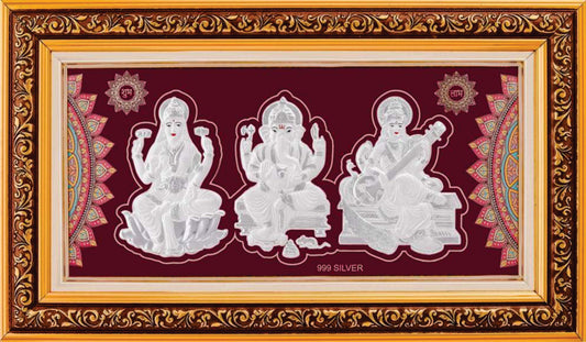 Laxmiji-Ganeshji-Saraswati Maa Frame - 999 Pure silver , 10 x 19 Inch
