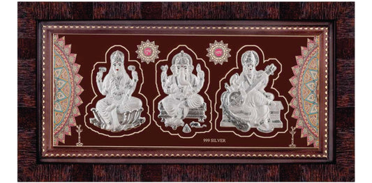 Laxmiji-Ganeshji-Saraswatiji Frame - 999 Pure silver , 6x 11 Inch