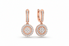 Round and Baguette Diamond Halo Dangle Earrings