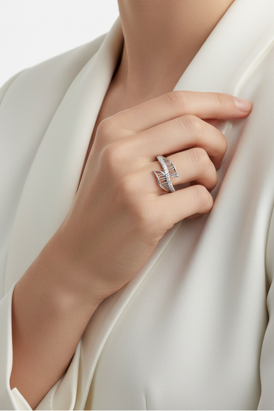 Diamond Leaf Wrap Silver Ring