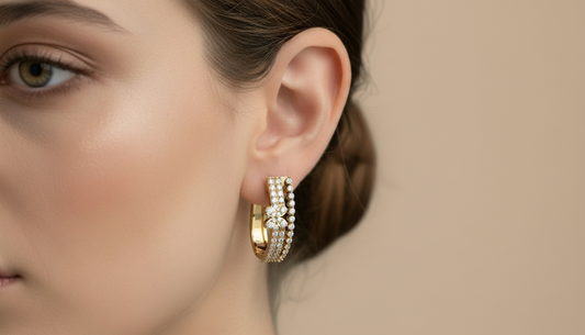 Diamond Double Row U-Shape Hoops Floral Earrings