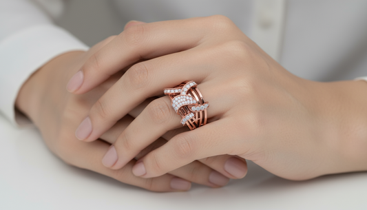 Wide Interwoven Gold and Diamond Cocktail Ring