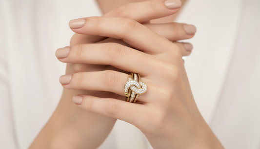 Intricate Diamond Pave and Gold Knot Ring