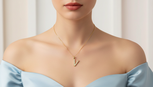 Dainty Gold & Diamond V Alphabet Pendant