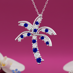 Tropical Palm Tree With Sapphire Stone And Diamond Necklace with Chain