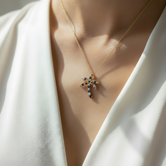 Tropical Palm Tree With Sapphire Stone And Diamond Necklace with Chain