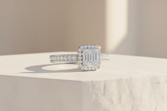 Classic Baguette-Shape Halo Ring with Pavé Detailed Band Ring