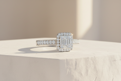 Classic Baguette-Shape Halo Ring with Pavé Detailed Band Ring