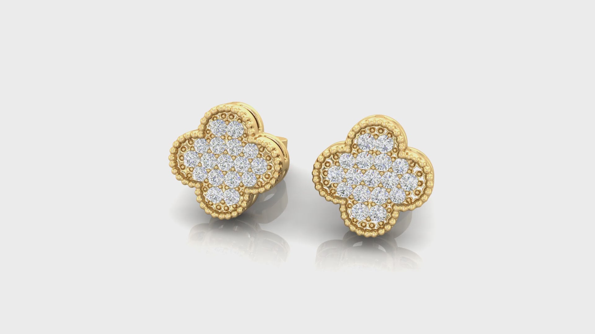 Pave Diamond Clover Stud Earrings with Beaded Milgrain Edge
