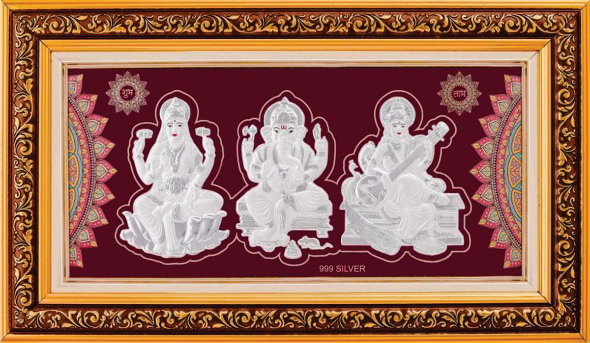 Laxmiji-Ganeshji-Saraswati Maa Frame - 999 Pure silver , 10 x 19 Inch
