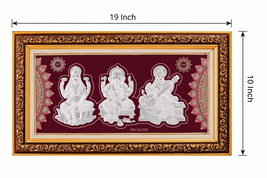 Laxmiji-Ganeshji-Saraswati Maa Frame - 999 Pure silver , 10 x 19 Inch