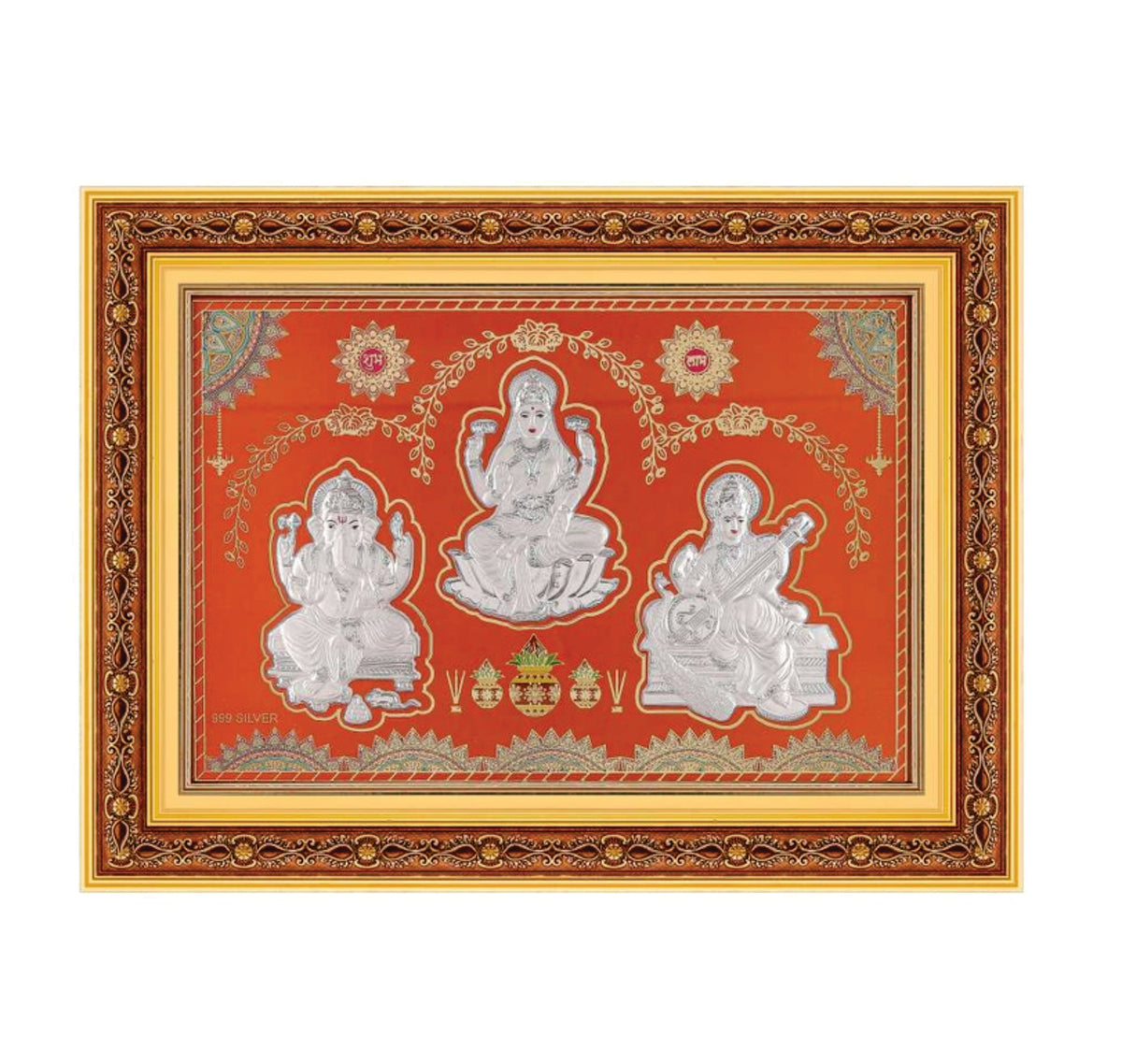 Laxmiji-Ganeshji-Saraswatiji Tri Murti Frame - 999 Pure silver , 14 x 12 Inch