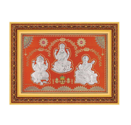 Laxmiji-Ganeshji-Saraswatiji Tri Murti Frame - 999 Pure silver , 14 x 12 Inch
