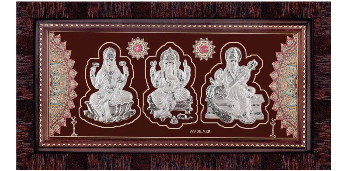 Laxmiji-Ganeshji-Saraswatiji Frame - 999 Pure silver , 6x 11 Inch