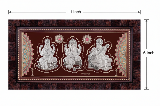 Laxmiji-Ganeshji-Saraswatiji Frame - 999 Pure silver , 6x 11 Inch