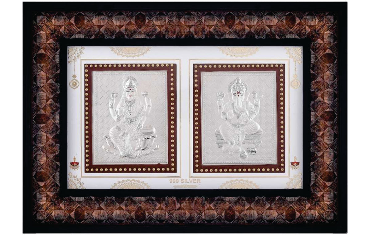 Laxmiji-Ganeshji Frame - 999 Pure silver , 7 x 10 Inch