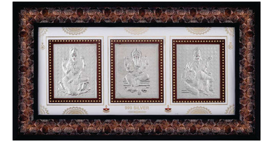 Laxmiji-Ganeshji-Saraswatiji Frame - 999 Pure silver , 7 x 14 Inch