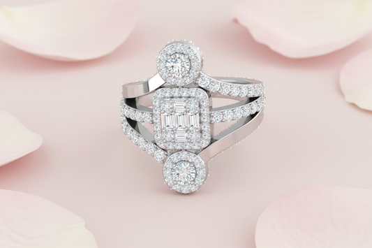 Horizontal Baguette and Round Diamond Fashion Ring