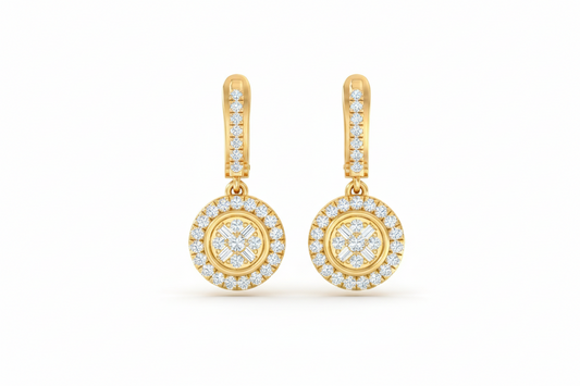 Round and Baguette Diamond Halo Dangle Earrings