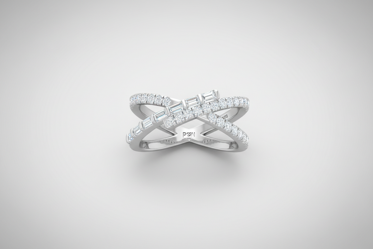 Sparkling Gold Round & Baguette Diamond Crossover Ring