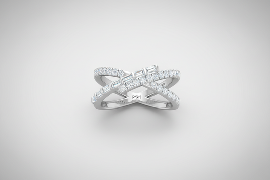 Sparkling Gold Round & Baguette Diamond Crossover Ring