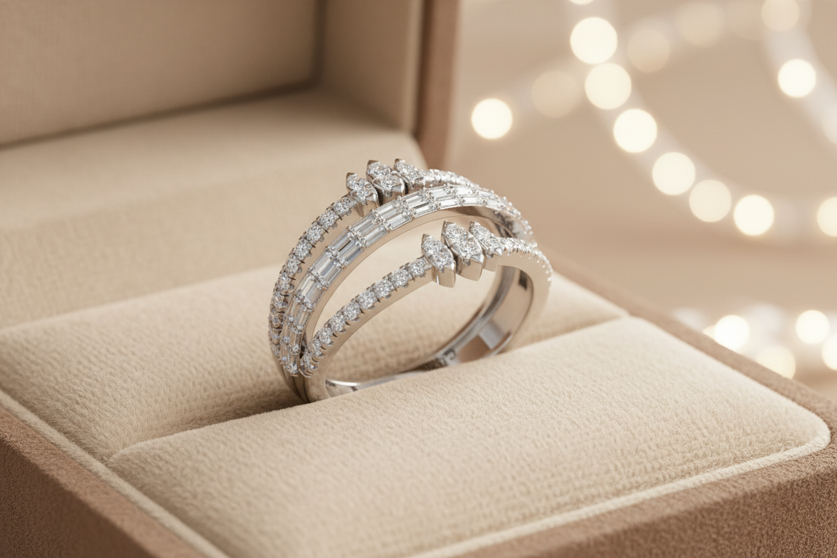 Designer Pave and Baguette Crossover Ring