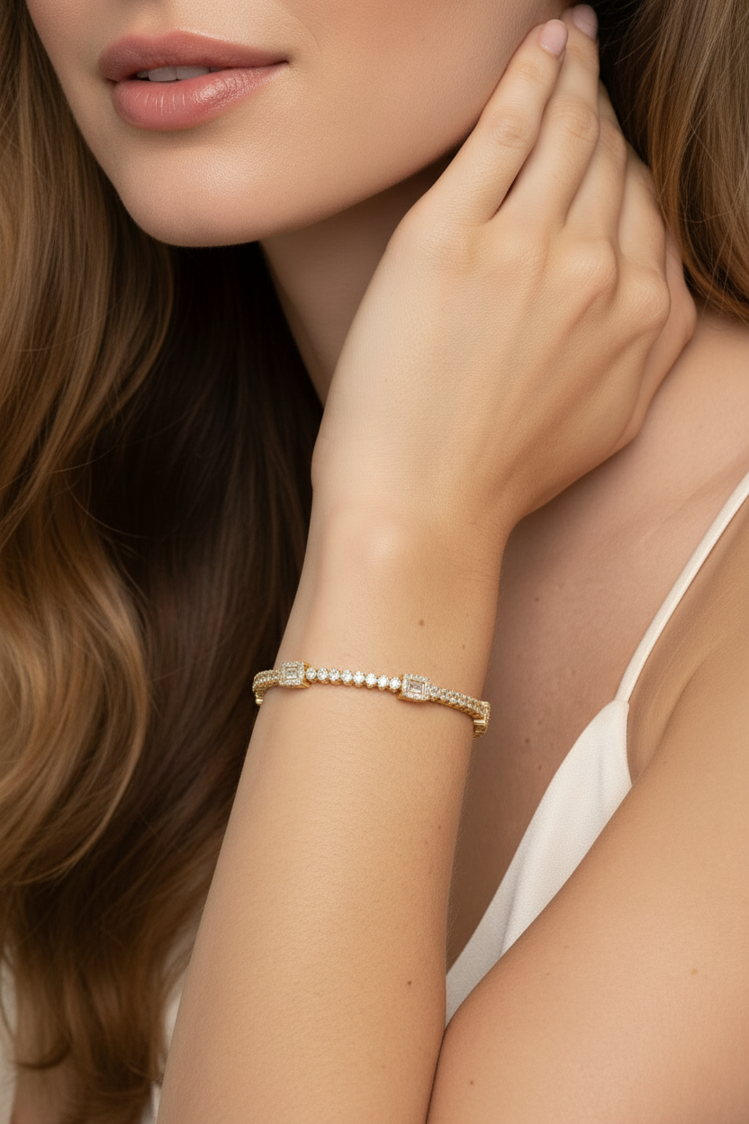 Art Deco Inspired Baguette & Round Diamond Cuff Bracelet