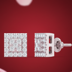 Square Diamond Illusion Stud Earrings with Double Halo
