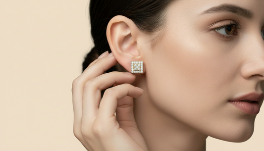 Square Diamond Illusion Stud Earrings with Double Halo