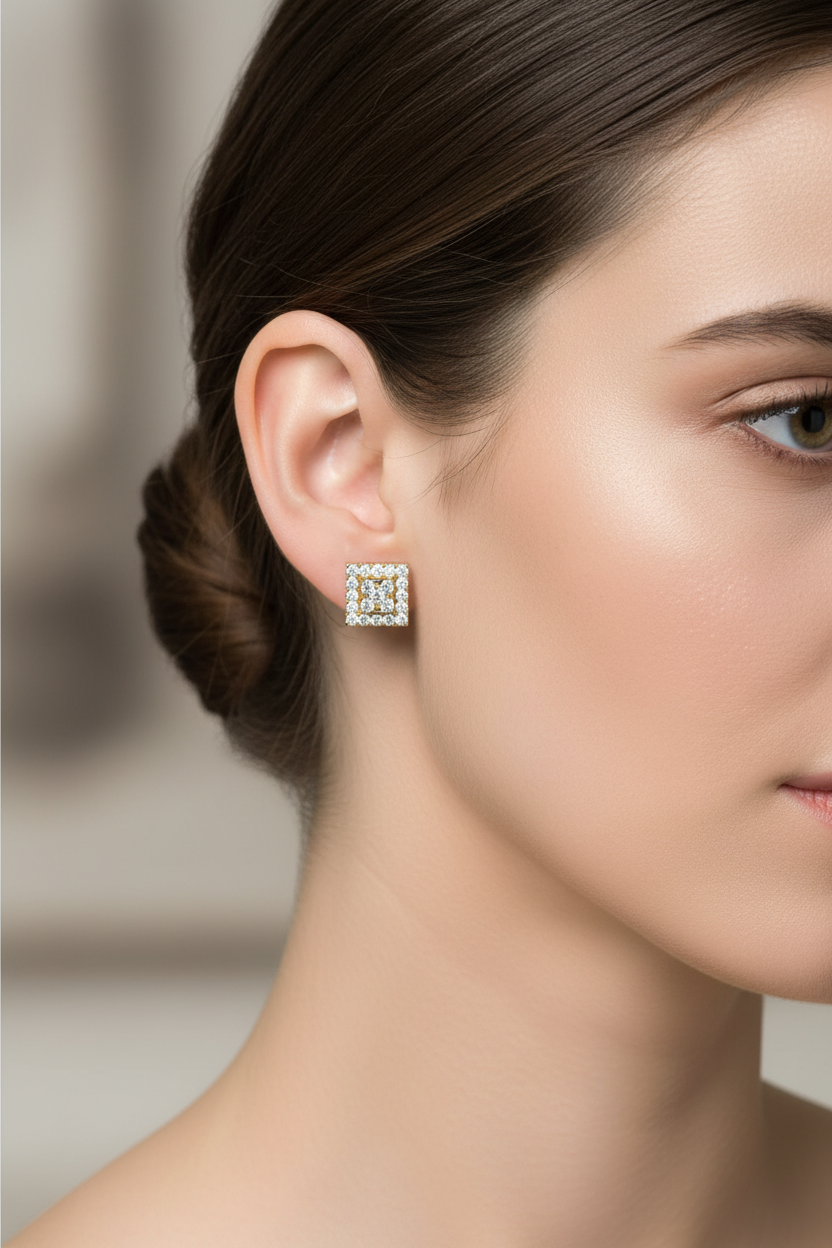 Square Diamond Illusion Stud Earrings with Double Halo