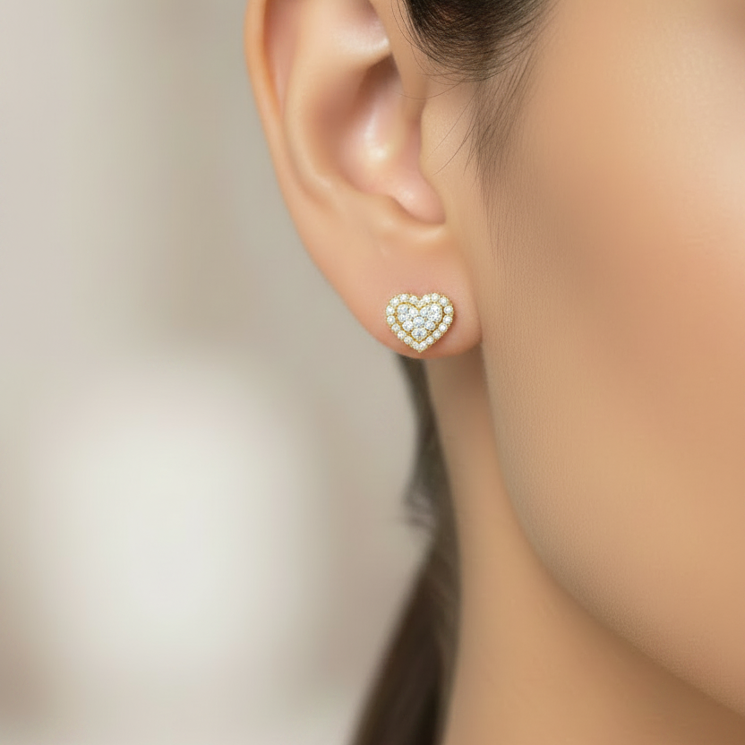 Heart Shaped Diamond Double Halo Stud Earrings