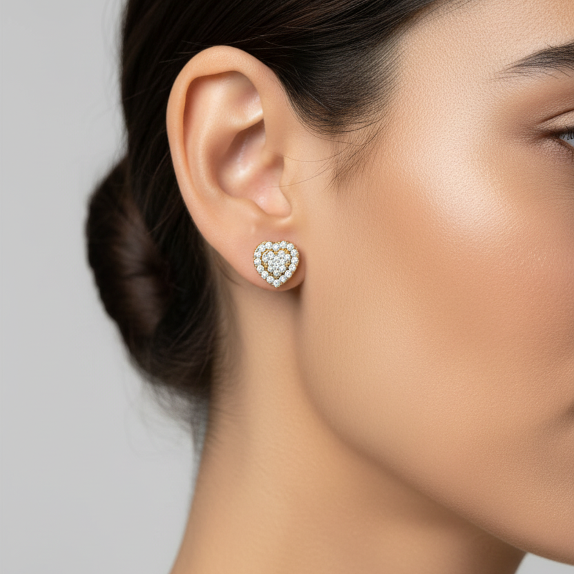 Heart Shaped Diamond Double Halo Stud Earrings