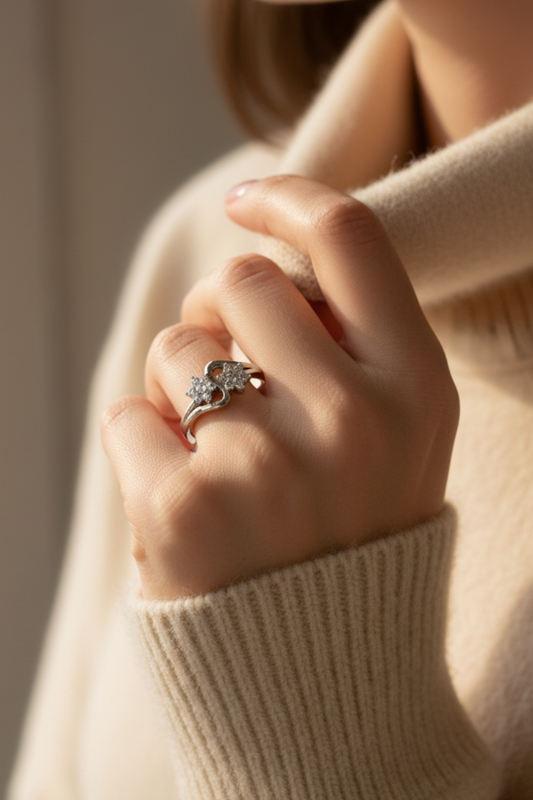 Twin Floral Cluster Silver Ring