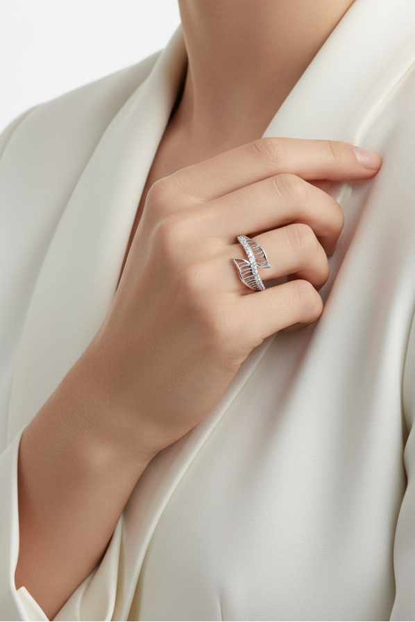 Diamond Leaf Wrap Silver Ring