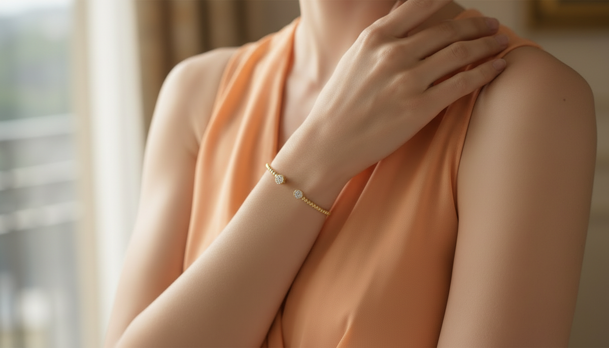 Beaded Cuff Bangle Bracelet with Diamond Cluster Ends