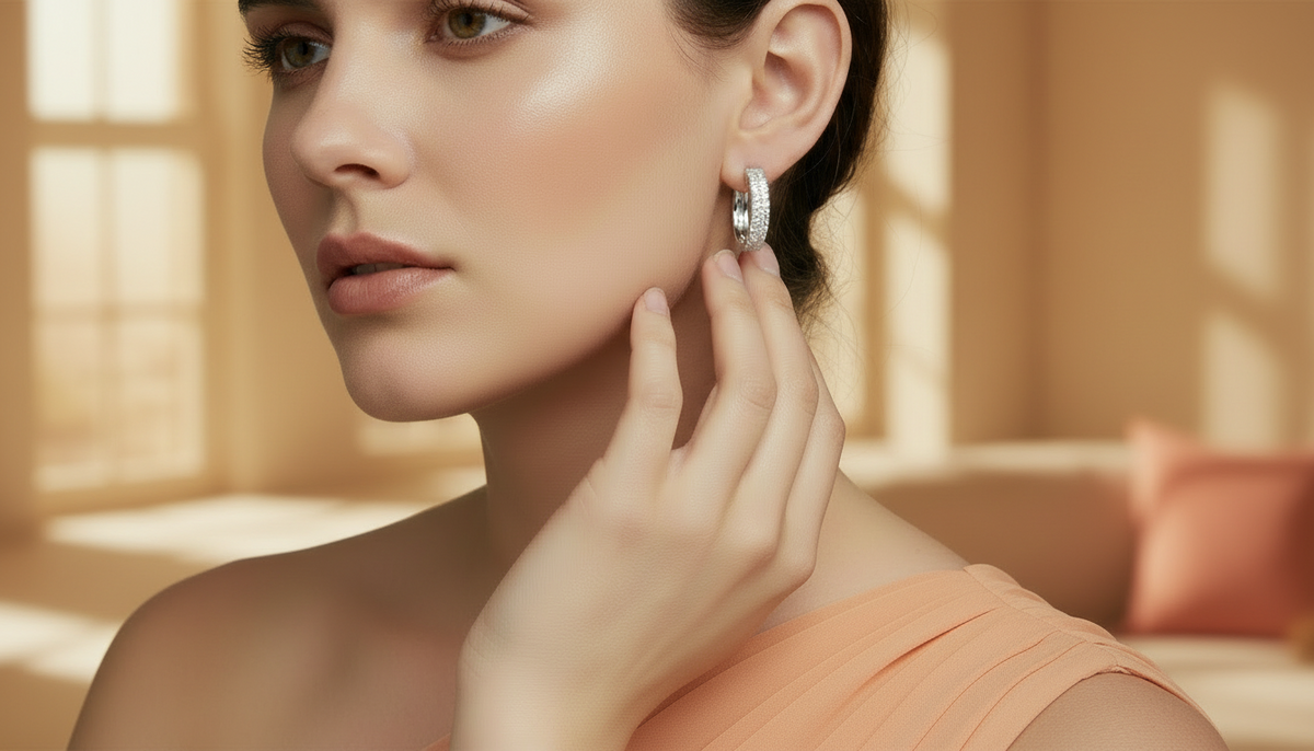 Two Row Diamond Huggie Hoop Earrings