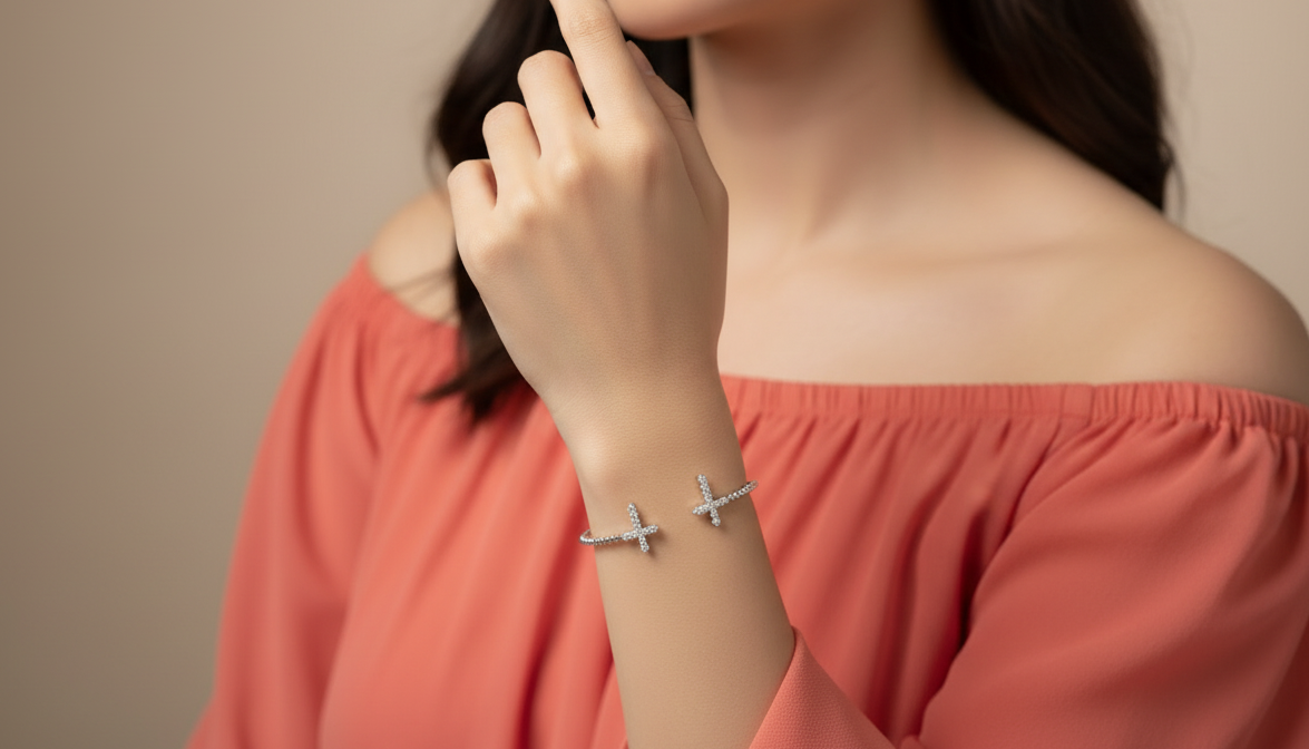 Beaded Cuff Bangle with Diamond Cross Ends