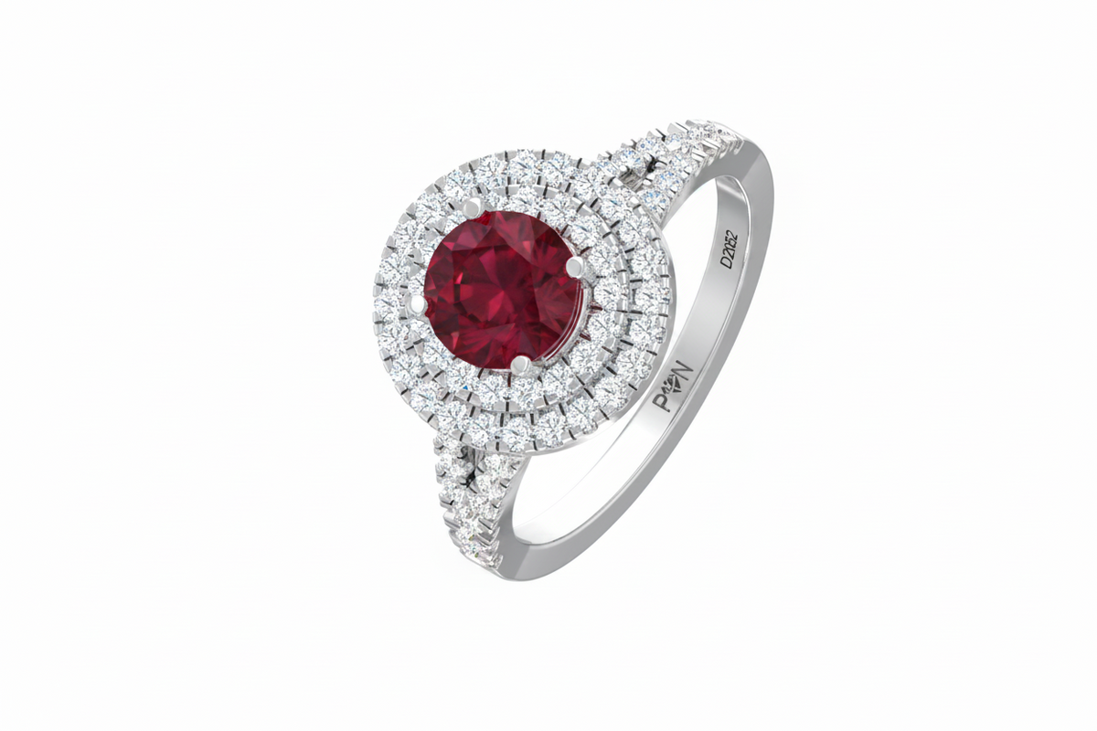 Round Cut Ruby With Double Halo