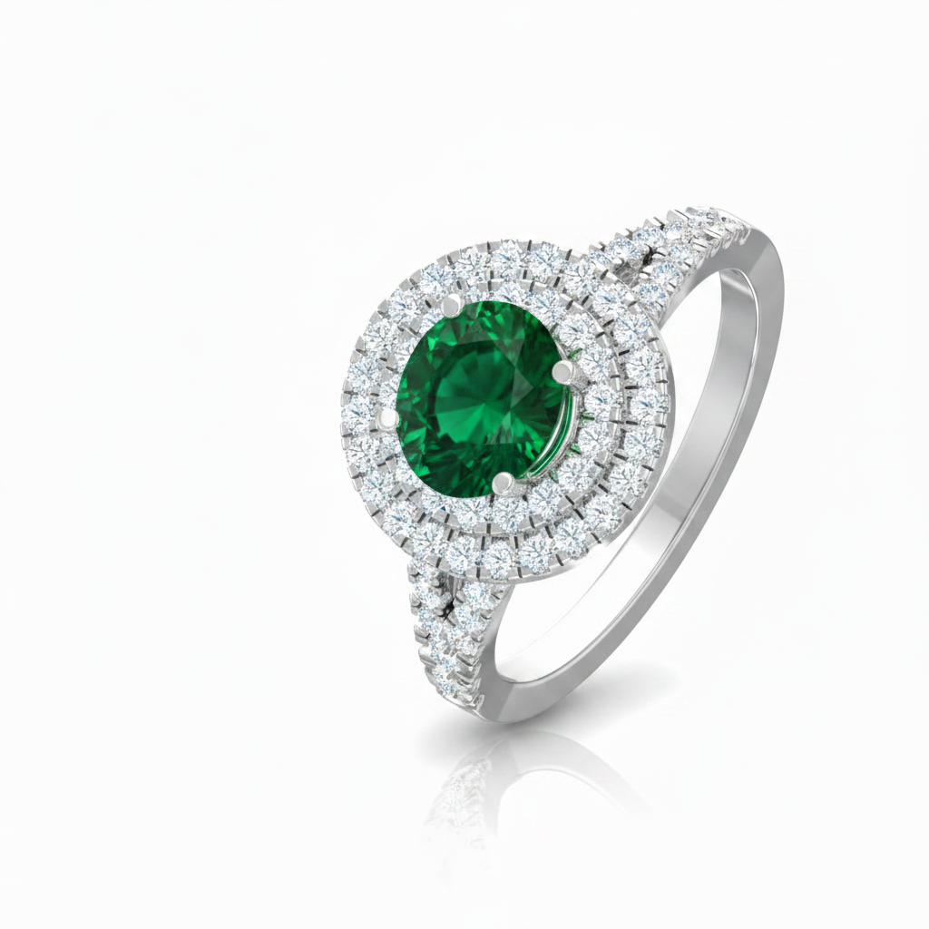 Round Cut Emerald With Double Halo