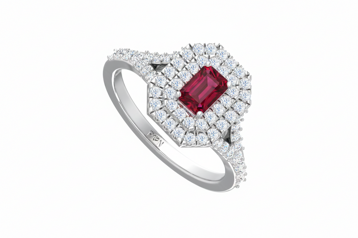 Emerald Cut Ruby With Double Halo
