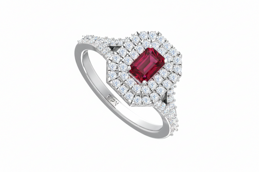 Emerald Cut Ruby With Double Halo