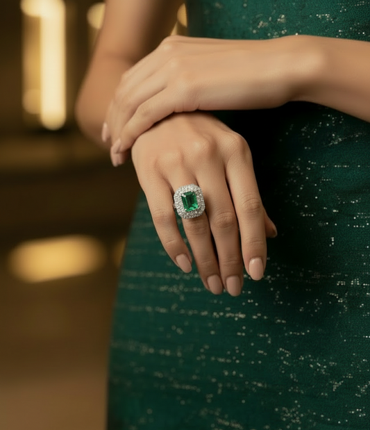 Emerald Cut Emerald With Double Halo