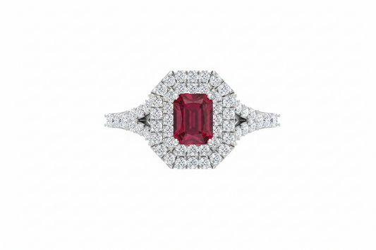 Emerald Cut Ruby With Double Halo