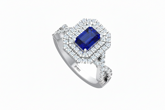 Emerald Cut Sapphire One Cart With Double Halo