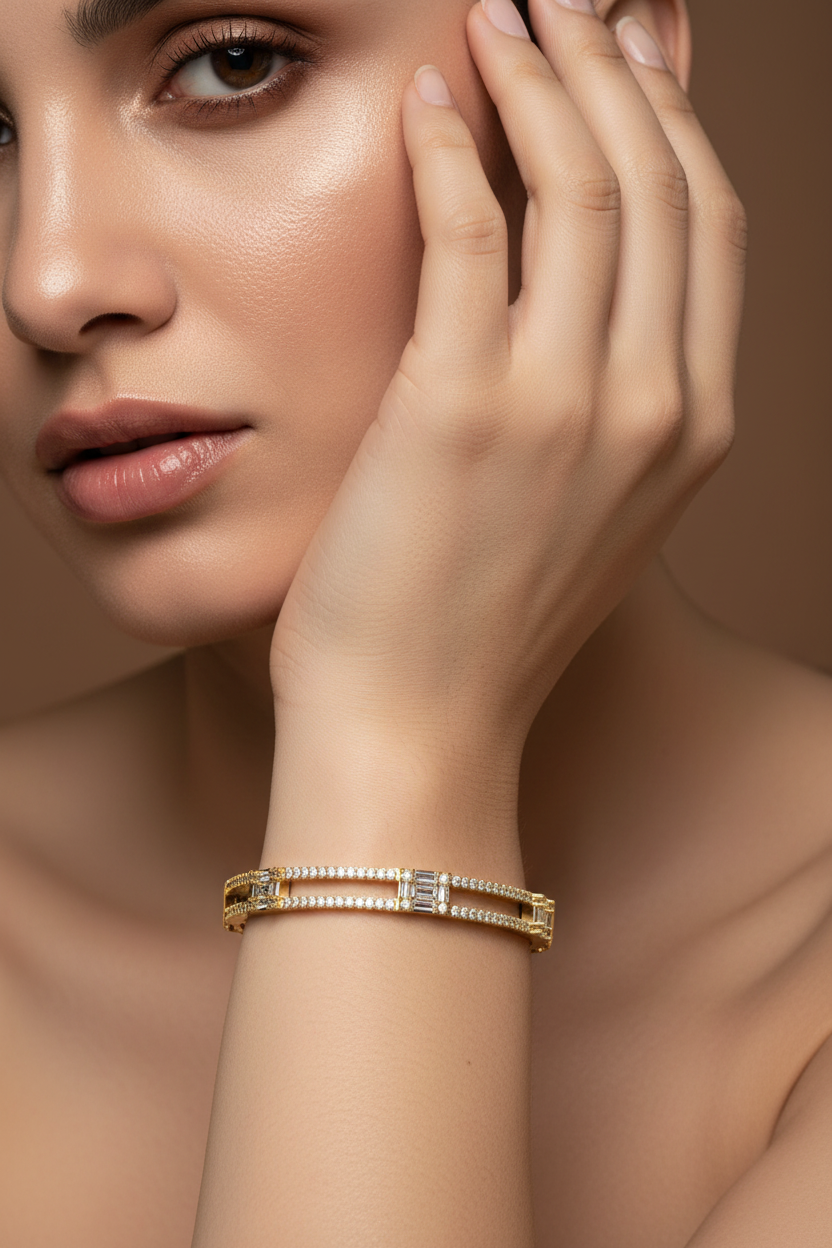 Two Line Cluster Baguette and Round Diamonds Bangle