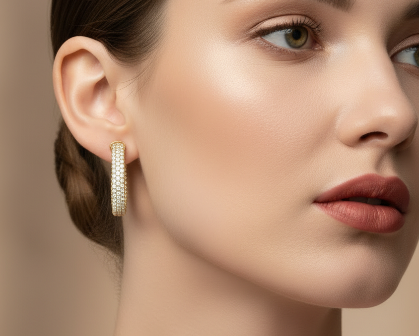 Three Row Diamond Huggies Earrings