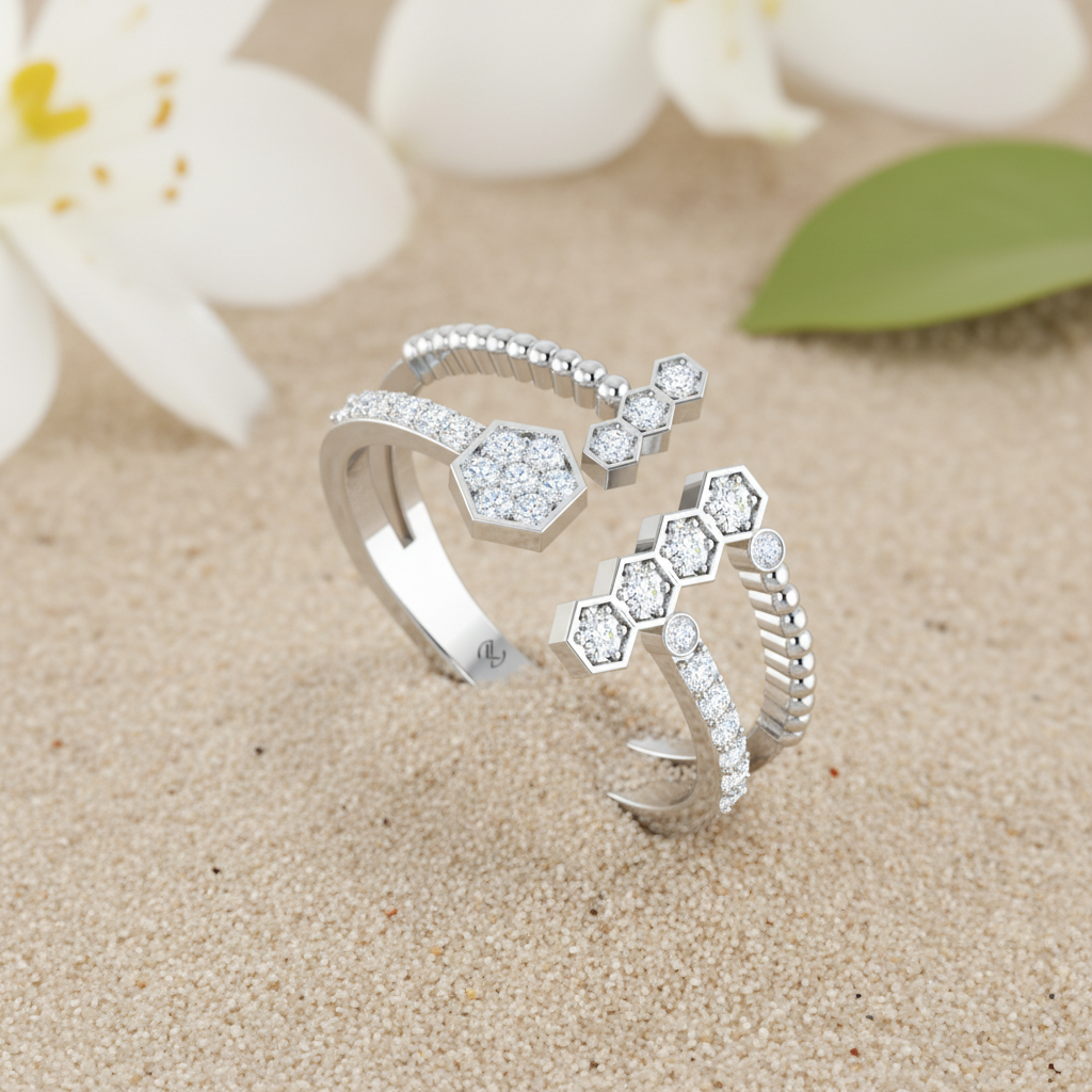 Geometric Honeycomb Bypass Silver Ring