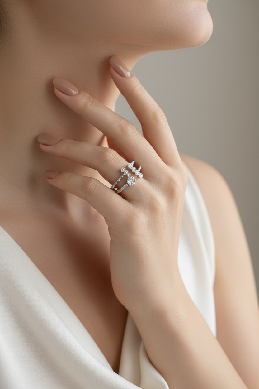 Geometric Honeycomb Bypass Silver Ring