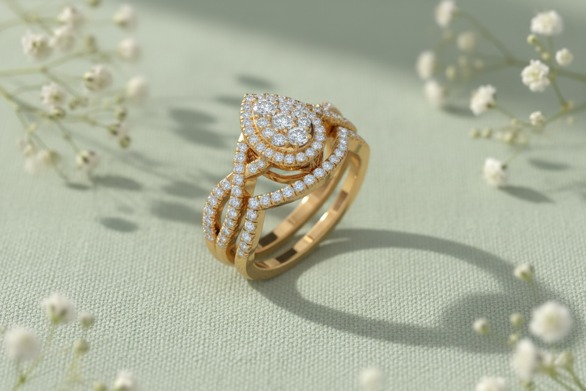 Pear Shaped Diamond Halo Twisted Bridal Set Ring