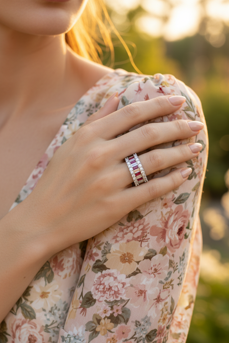 Triple-Row Ruby Baguette Silver Ring